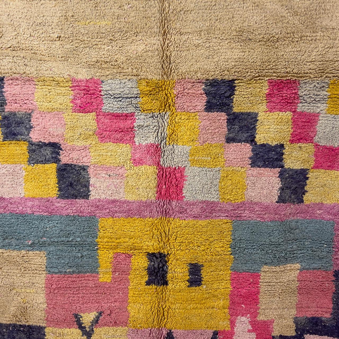 Handmade Moroccan Berber rug 170 in pink and yellow tones, abstract wool carpet with geometric patterns and plush shag texture