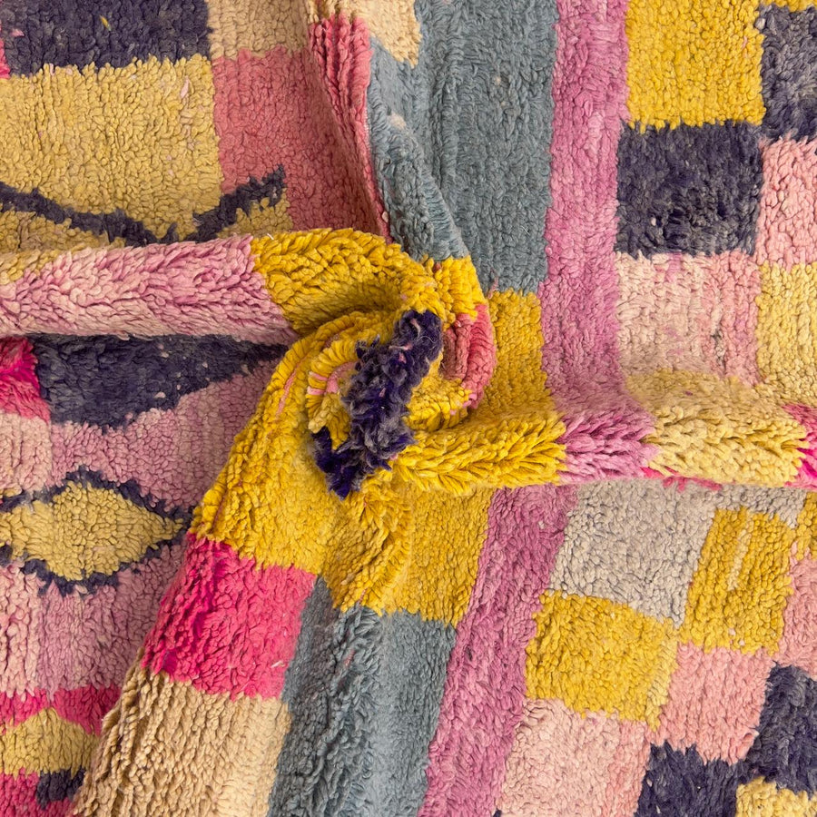 Handmade Moroccan Berber rug 170 in pink and yellow tones, abstract wool carpet with geometric patterns and plush shag texture