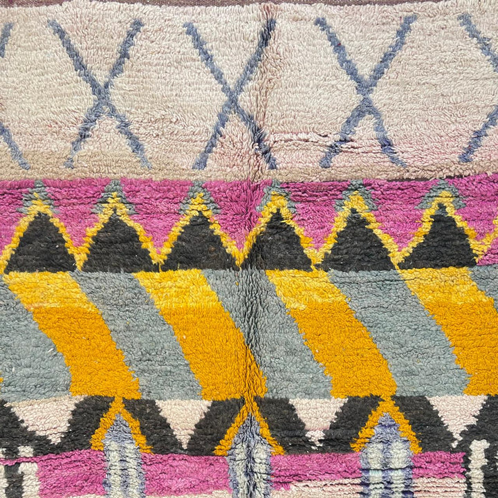 Vintage Moroccan Berber rug in mustard yellow with geometric tribal patterns, handmade wool area rug from Morocco