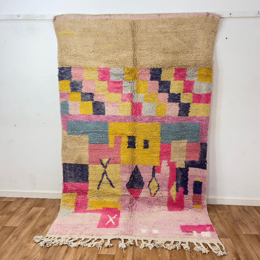 Handmade Moroccan Berber rug 170 in pink and yellow tones, abstract wool carpet with geometric patterns and plush shag texture