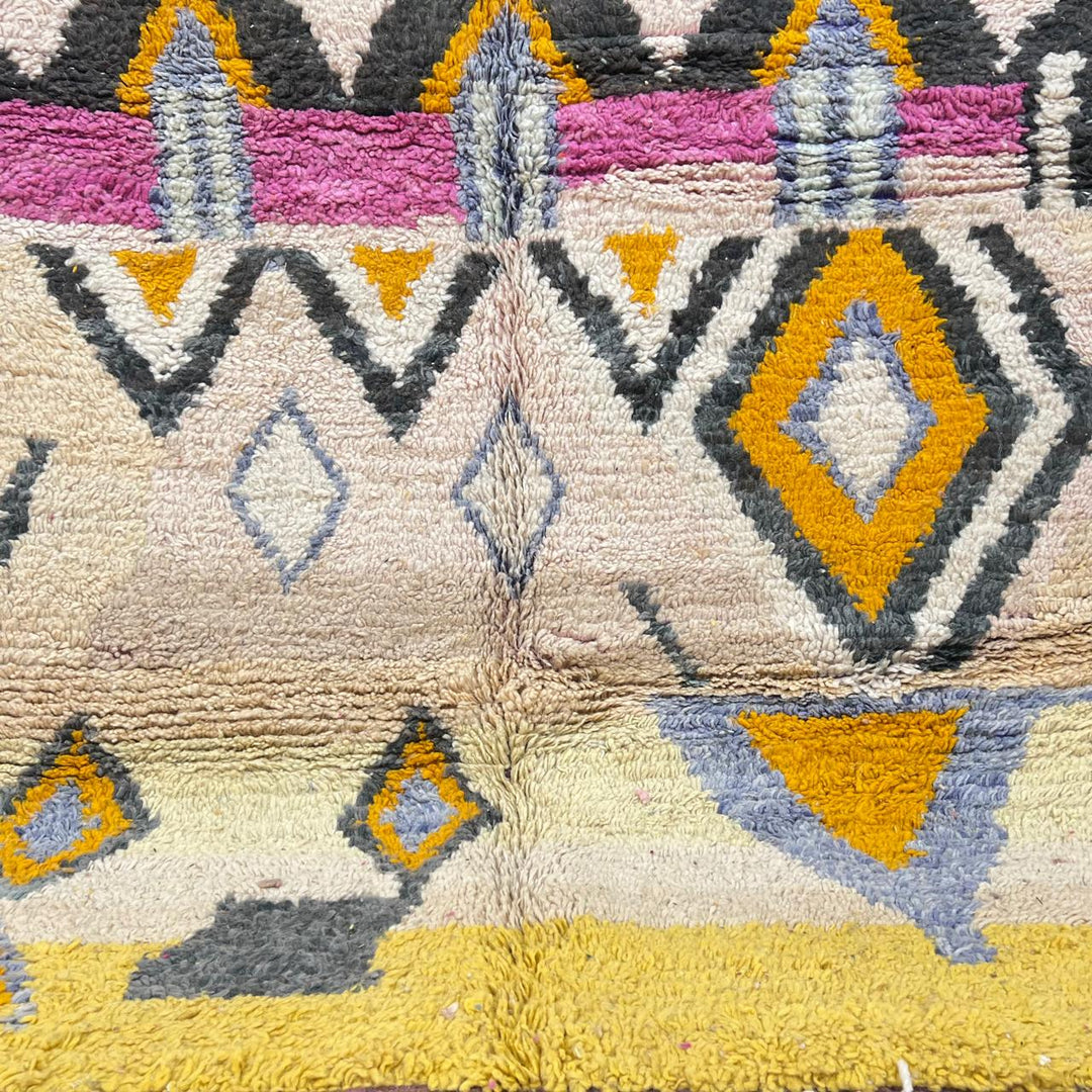 Vintage Moroccan Berber rug in mustard yellow with geometric tribal patterns, handmade wool area rug from Morocco