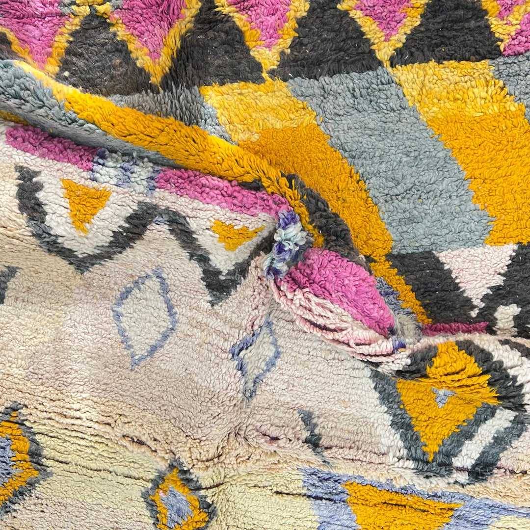 Vintage Moroccan Berber rug in mustard yellow with geometric tribal patterns, handmade wool area rug from Morocco
