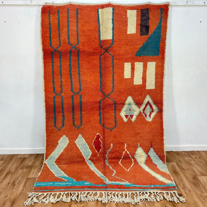 Vintage Moroccan wool rug 746 – handmade terracotta red and aqua blue geometric Berber wool carpet 244 × 160 cm (8.01 × 5.24 ft).