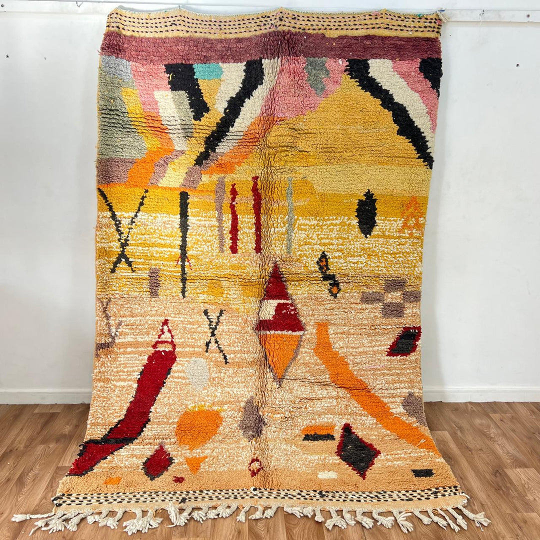 Vintage Moroccan wool rug 754 – handmade yellow and red Berber wool carpet with abstract tribal patterns 251 × 168 cm (8.23 × 5.51 ft)