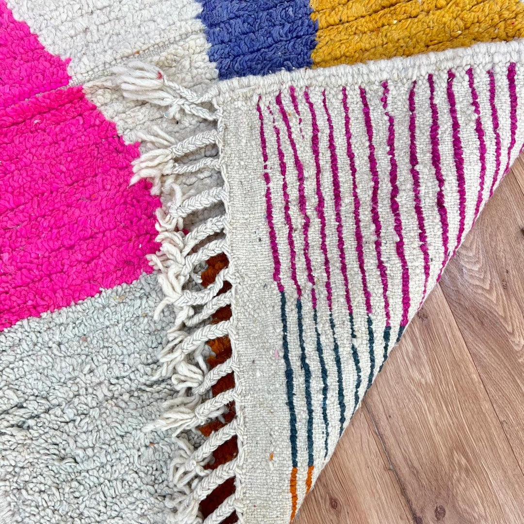 Vintage Moroccan wool runner rug 817 – handwoven colorful Berber carpet featuring fuchsia, mustard, and teal geometric pattern, 375 × 86 cm (12.3 × 2.8 ft).