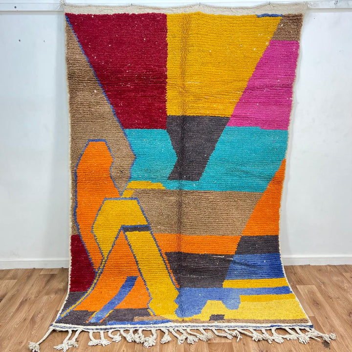 Vintage Moroccan wool rug 790 – handmade color block Berber carpet in yellow, turquoise, orange, and red 248 × 166 cm (8.13 × 5.44 ft).