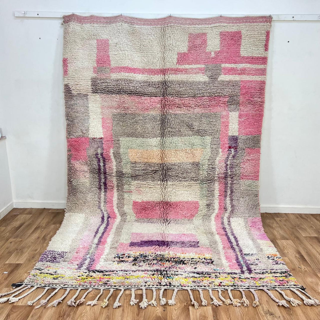 Vintage Moroccan wool rug 866 – handmade pastel Berber carpet featuring pink, beige, and cream geometric design, 309 × 198 cm (10.13 × 6.49 ft).