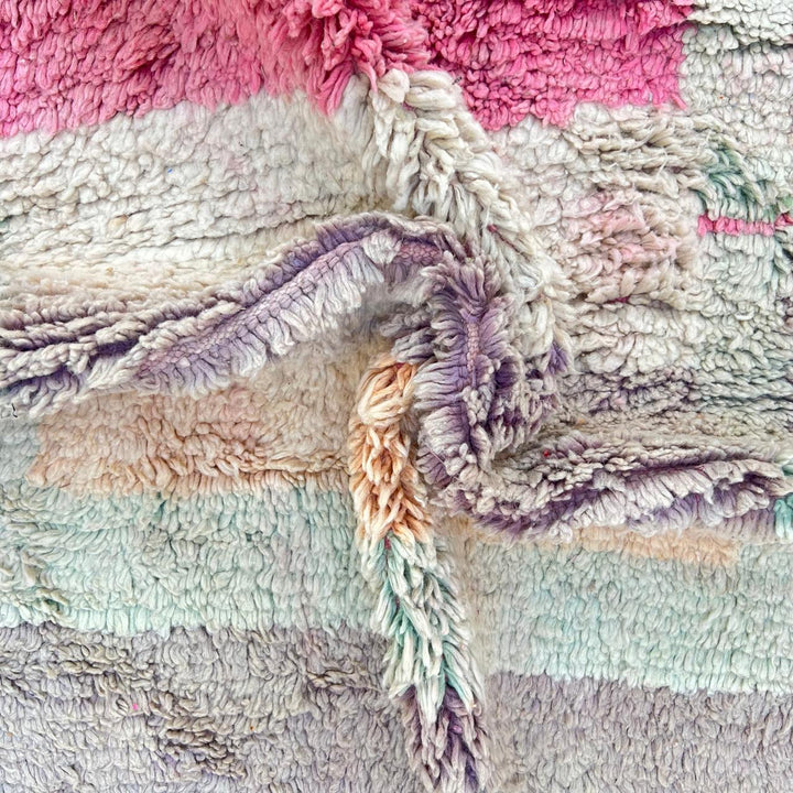 Vintage Moroccan wool rug 866 – handmade pastel Berber carpet featuring pink, beige, and cream geometric design, 309 × 198 cm (10.13 × 6.49 ft).
