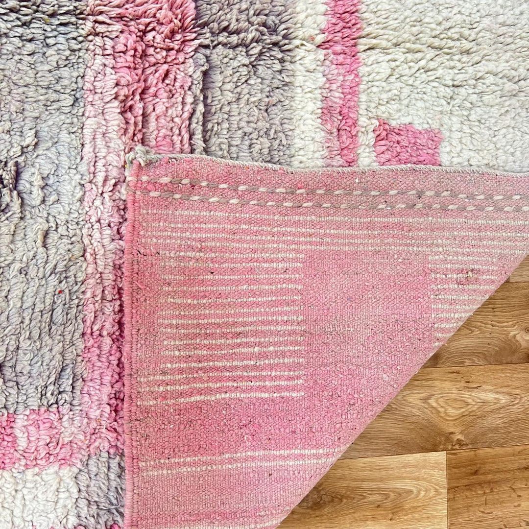 Vintage Moroccan wool rug 866 – handmade pastel Berber carpet featuring pink, beige, and cream geometric design, 309 × 198 cm (10.13 × 6.49 ft).