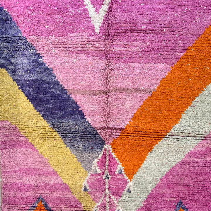 Vintage Moroccan wool rug 807 – handmade pink and orange Berber carpet with abstract geometric patterns 233 × 172 cm (7.64 × 5.64 ft