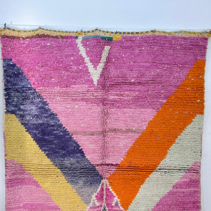 Vintage Moroccan wool rug 807 – handmade pink and orange Berber carpet with abstract geometric patterns 233 × 172 cm (7.64 × 5.64 ft