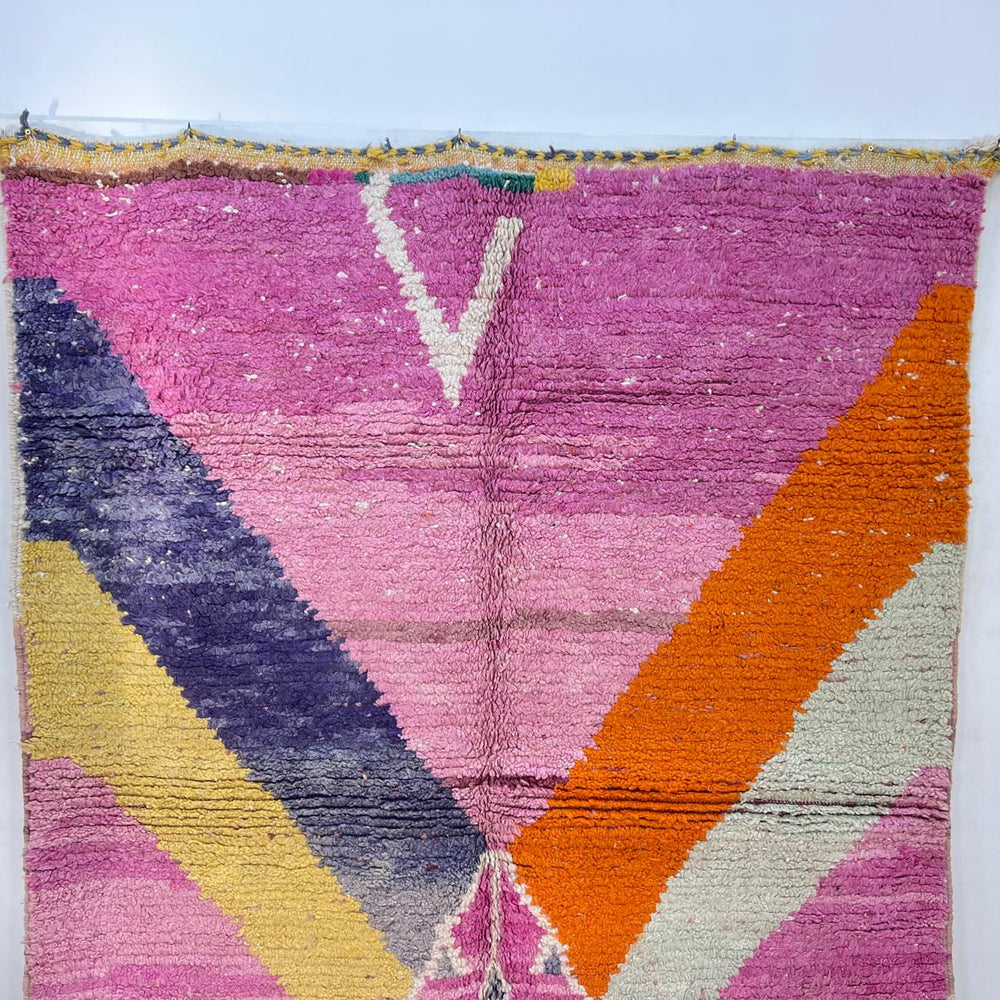 Vintage Moroccan wool rug 807 – handmade pink and orange Berber carpet with abstract geometric patterns 233 × 172 cm (7.64 × 5.64 ft