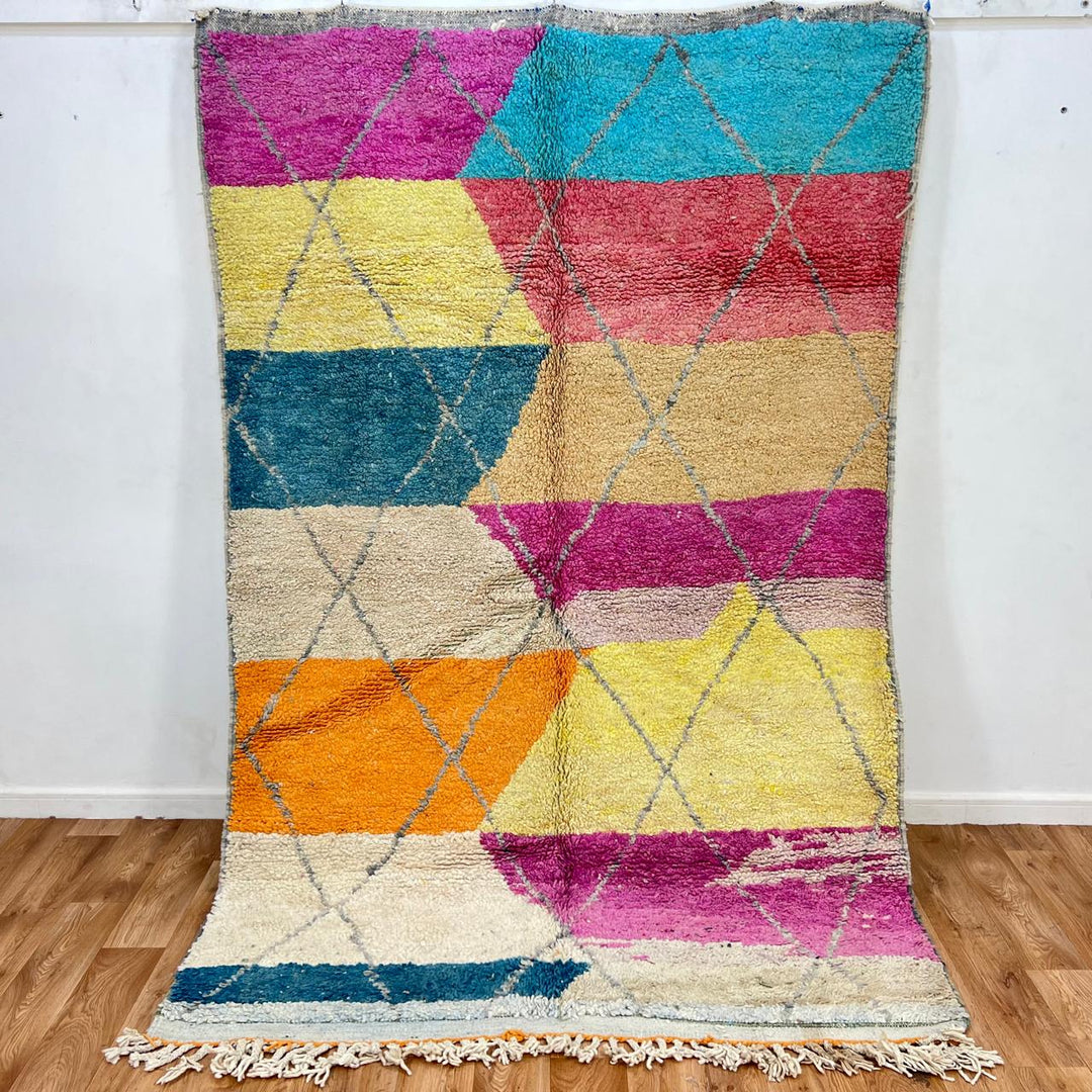 Vintage Moroccan wool rug 755 – handmade colorful geometric Berber carpet with fuchsia, orange, teal, and yellow tones, 252 × 166 cm (8.26 × 5.44 ft).