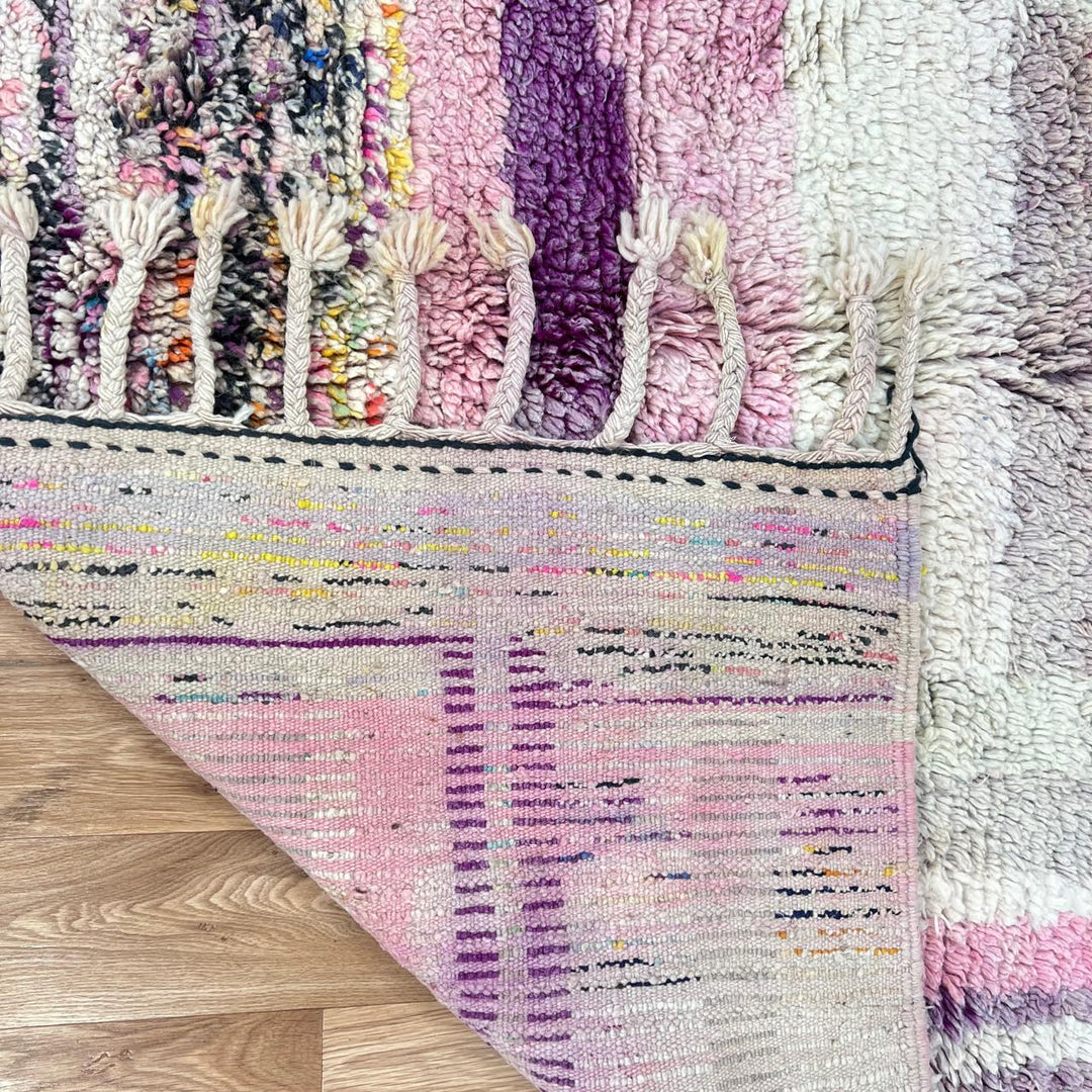Vintage Moroccan wool rug 866 – handmade pastel Berber carpet featuring pink, beige, and cream geometric design, 309 × 198 cm (10.13 × 6.49 ft).