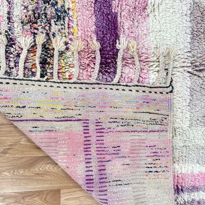 Vintage Moroccan wool rug 866 – handmade pastel Berber carpet featuring pink, beige, and cream geometric design, 309 × 198 cm (10.13 × 6.49 ft).