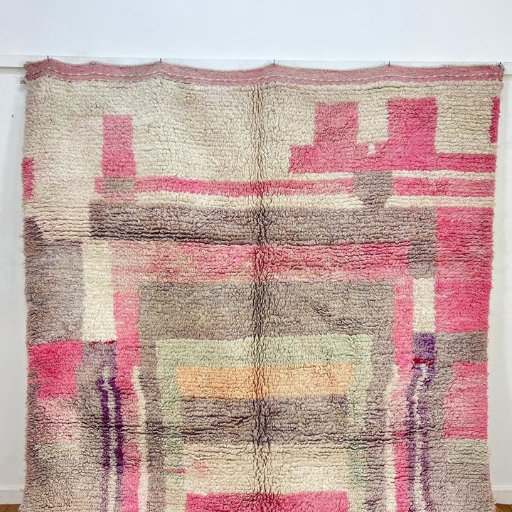 Vintage Moroccan wool rug 866 – handmade pastel Berber carpet featuring pink, beige, and cream geometric design, 309 × 198 cm (10.13 × 6.49 ft).