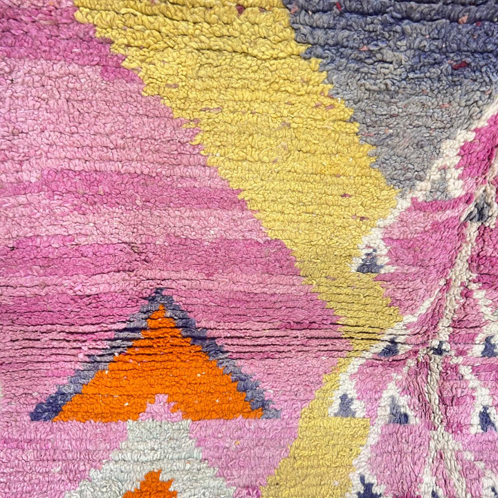 Vintage Moroccan wool rug 807 – handmade pink and orange Berber carpet with abstract geometric patterns 233 × 172 cm (7.64 × 5.64 ft