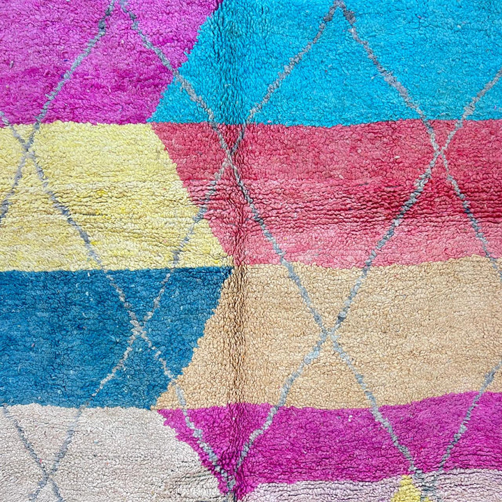 Vintage Moroccan wool rug 755 – handmade colorful geometric Berber carpet with fuchsia, orange, teal, and yellow tones, 252 × 166 cm (8.26 × 5.44 ft).