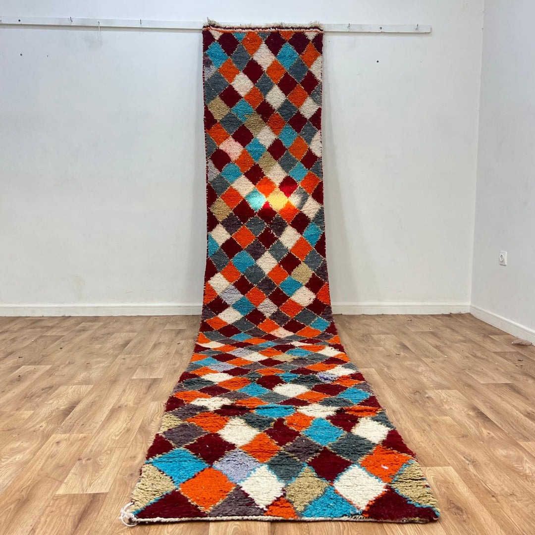 Vintage Moroccan wool runner rug 822 – handmade diamond-patterned Berber carpet in orange, turquoise, and red 407 × 83 cm (13.35 × 2.72 ft
