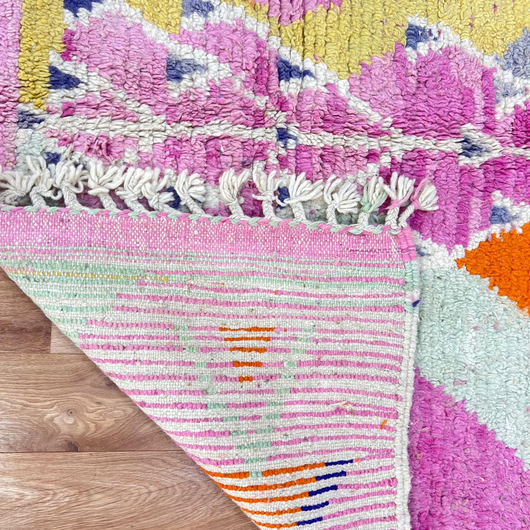 Vintage Moroccan wool rug 807 – handmade pink and orange Berber carpet with abstract geometric patterns 233 × 172 cm (7.64 × 5.64 ft