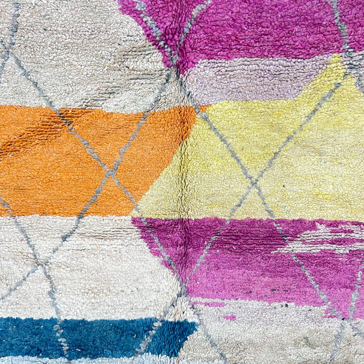 Vintage Moroccan wool rug 755 – handmade colorful geometric Berber carpet with fuchsia, orange, teal, and yellow tones, 252 × 166 cm (8.26 × 5.44 ft).