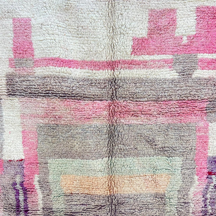 Vintage Moroccan wool rug 866 – handmade pastel Berber carpet featuring pink, beige, and cream geometric design, 309 × 198 cm (10.13 × 6.49 ft).