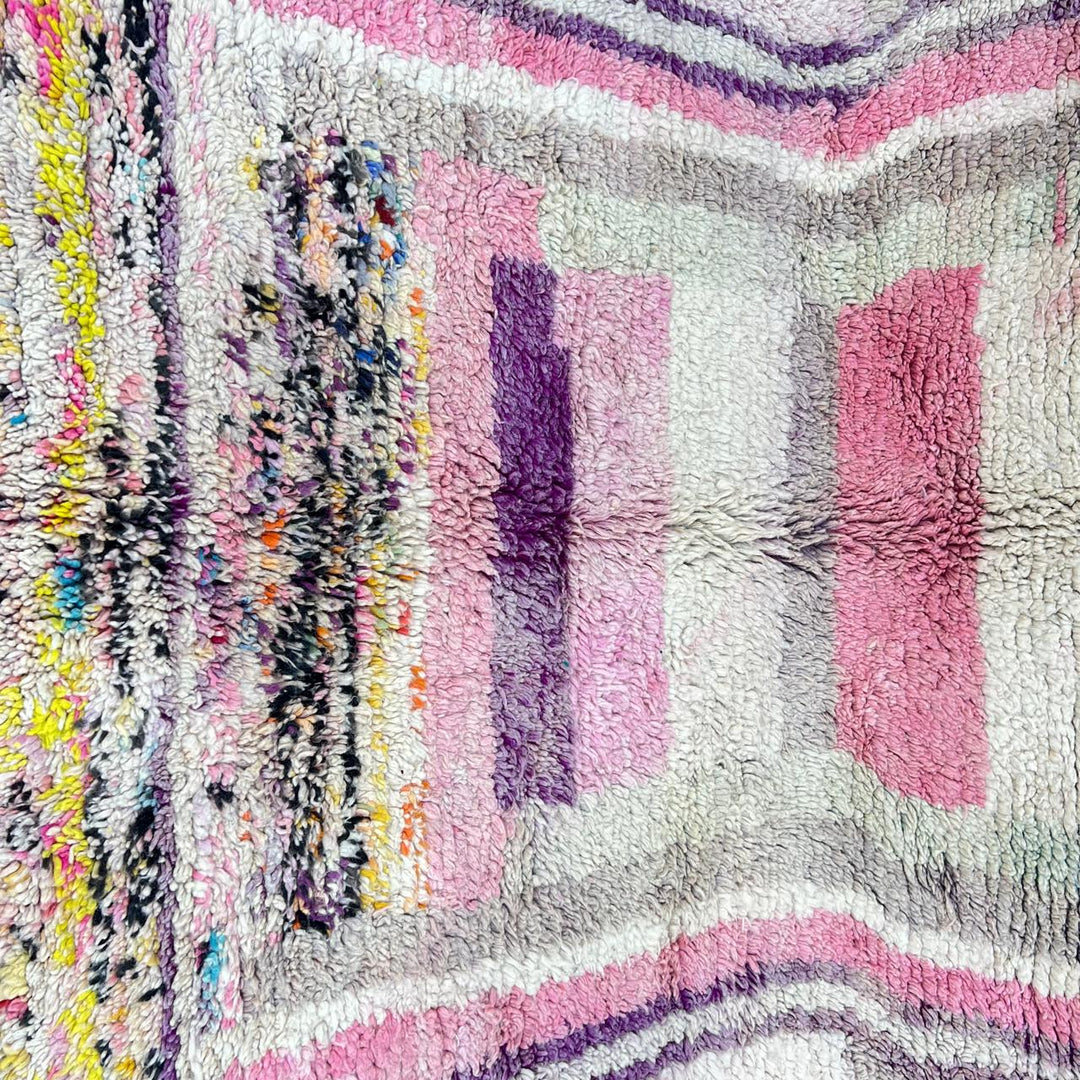 Vintage Moroccan wool rug 866 – handmade pastel Berber carpet featuring pink, beige, and cream geometric design, 309 × 198 cm (10.13 × 6.49 ft).