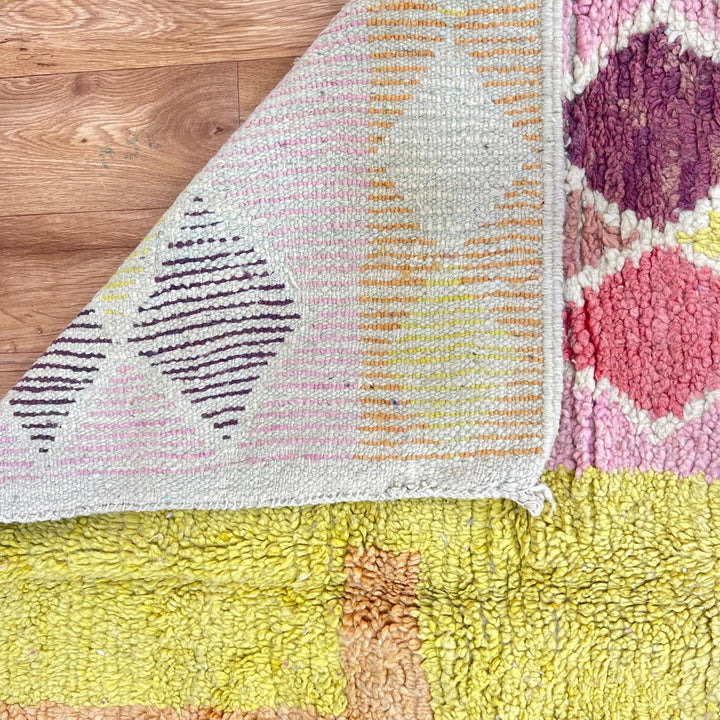 Vintage Moroccan wool rug 762 – handmade yellow and pink diamond Berber carpet 265 × 153 cm (8.69 × 5.02 ft).