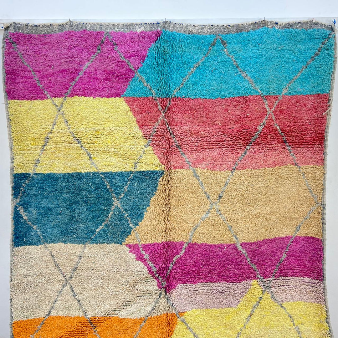 Vintage Moroccan wool rug 755 – handmade colorful geometric Berber carpet with fuchsia, orange, teal, and yellow tones, 252 × 166 cm (8.26 × 5.44 ft).