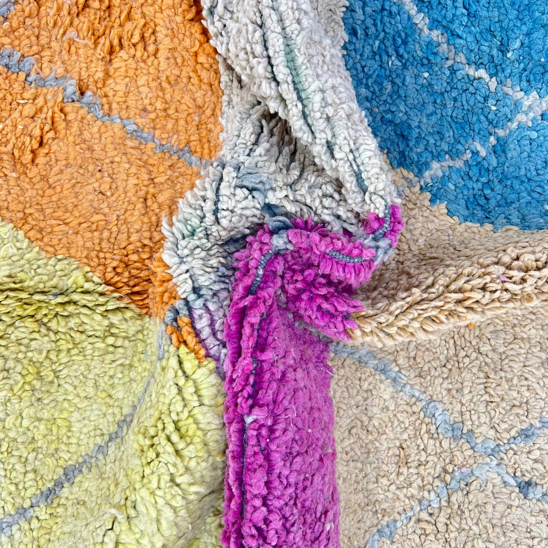 Vintage Moroccan wool rug 755 – handmade colorful geometric Berber carpet with fuchsia, orange, teal, and yellow tones, 252 × 166 cm (8.26 × 5.44 ft).