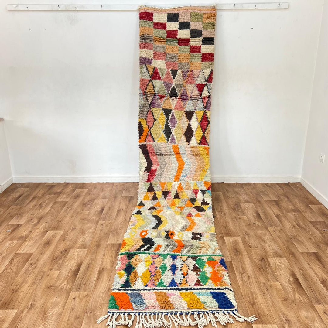 Vintage Moroccan runner rug 815 – handmade multicolor wool carpet with geometric Berber patterns 366 × 80 cm (12.01 × 2.62 ft).