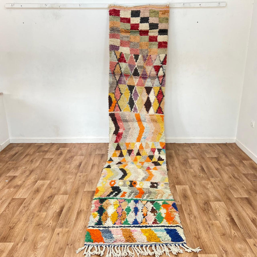 Vintage Moroccan runner rug 815 – handmade multicolor wool carpet with geometric Berber patterns 366 × 80 cm (12.01 × 2.62 ft).