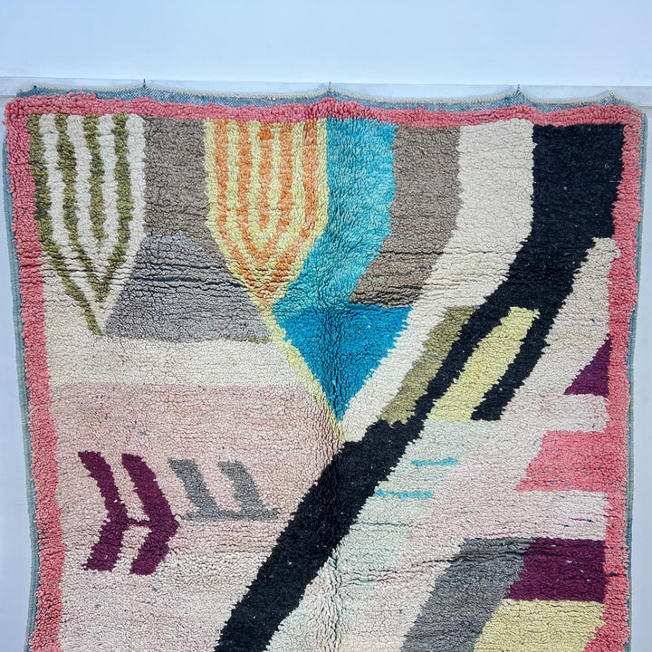 Vintage Moroccan wool rug 738 – handmade colorful geometric Berber carpet in turquoise, pink, yellow, and black 248 × 153 cm (8.13 × 5.02 ft).