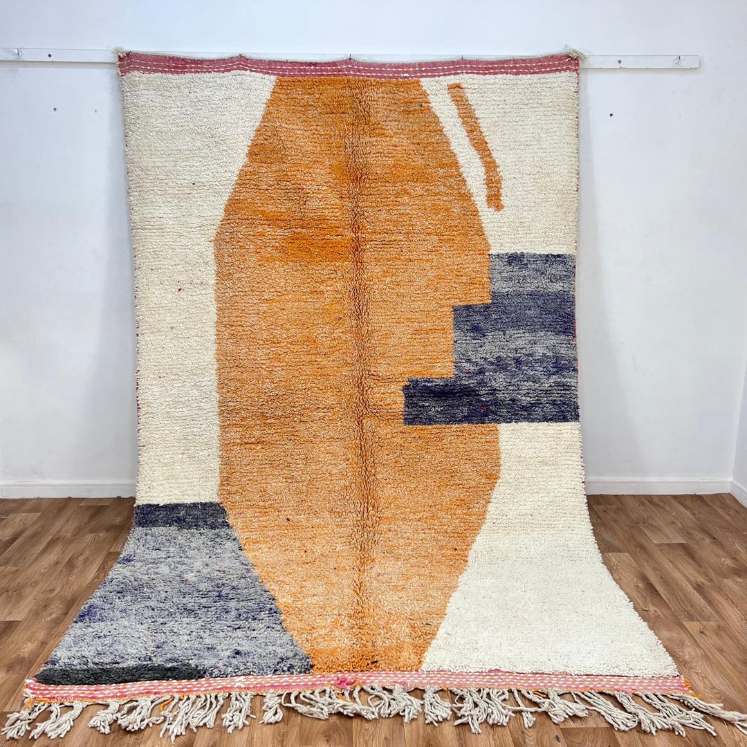 Vintage Moroccan wool rug 923 – handmade abstract orange and cream geometric Berber carpet with gray accents, 302 × 196 cm (9.9 × 6.4 ft).