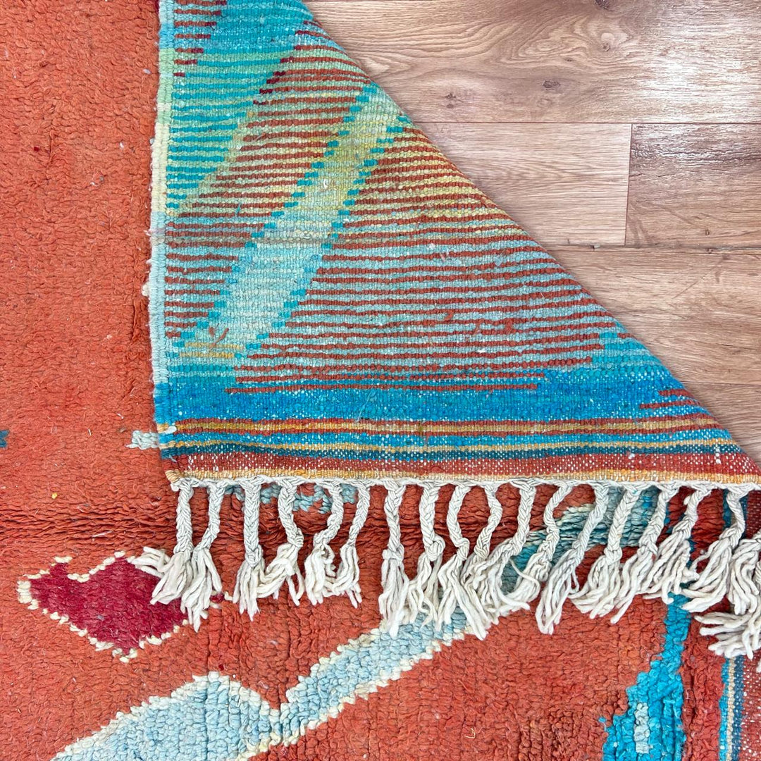 Vintage Moroccan wool rug 746 – handmade terracotta red and aqua blue geometric Berber wool carpet 244 × 160 cm (8.01 × 5.24 ft).
