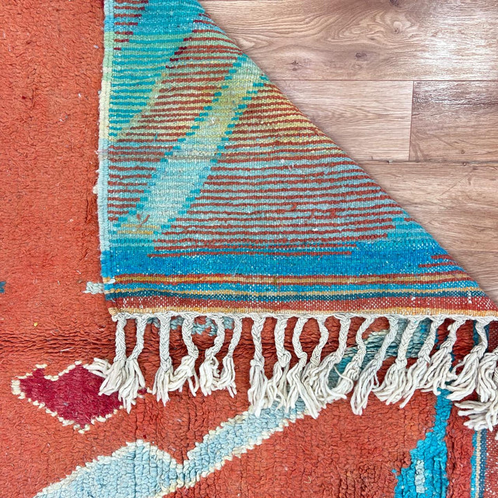 Vintage Moroccan wool rug 746 – handmade terracotta red and aqua blue geometric Berber wool carpet 244 × 160 cm (8.01 × 5.24 ft).