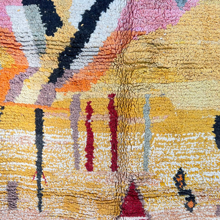 Vintage Moroccan wool rug 754 – handmade yellow and red Berber wool carpet with abstract tribal patterns 251 × 168 cm (8.23 × 5.51 ft