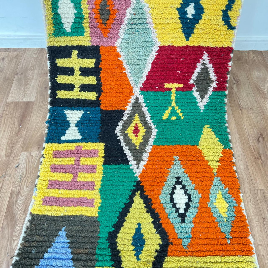 Vintage Moroccan runner rug 818 – colorful handmade Berber wool carpet with geometric tribal patterns 395 × 86 cm (12.96 × 2.82 ft).