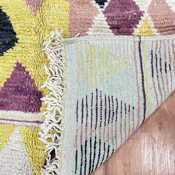 Vintage Moroccan wool rug 762 – handmade yellow and pink diamond Berber carpet 265 × 153 cm (8.69 × 5.02 ft).