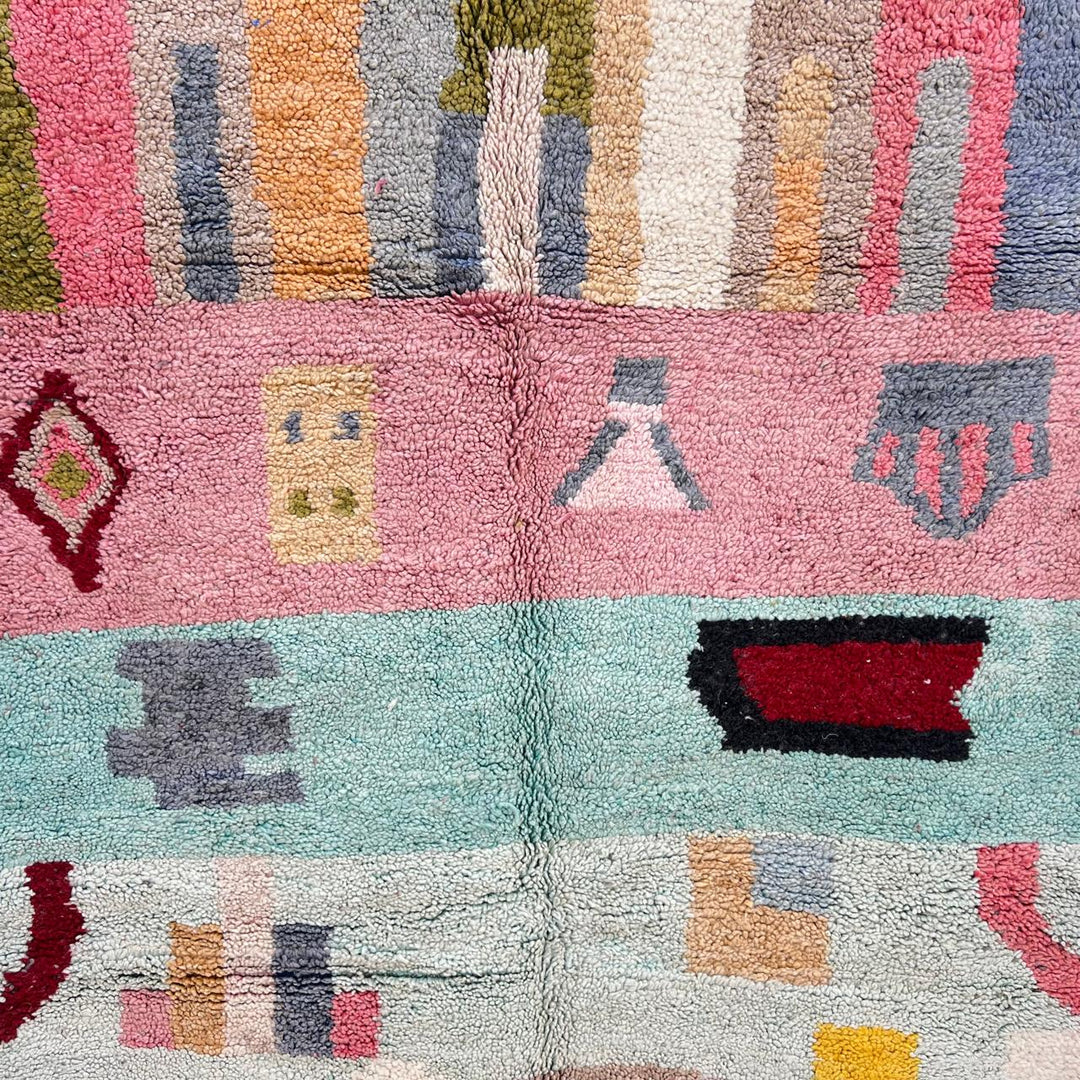 Vintage Moroccan wool rug 761 – handmade colorful Berber carpet with geometric abstract design in pink, turquoise, mustard, and beige tones, 260 × 151 cm.