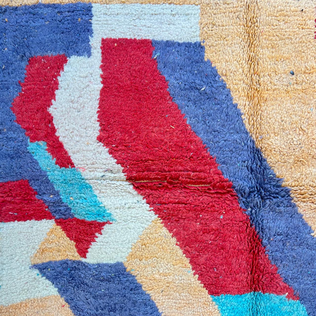Vintage Moroccan wool rug 813 – handwoven Berber carpet featuring orange, red, turquoise and cream abstract patterns, 264 × 148 cm (8.66 × 4.85 ft).