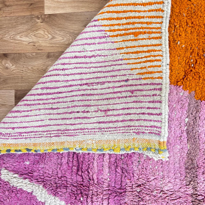 Vintage Moroccan wool rug 807 – handmade pink and orange Berber carpet with abstract geometric patterns 233 × 172 cm (7.64 × 5.64 ft