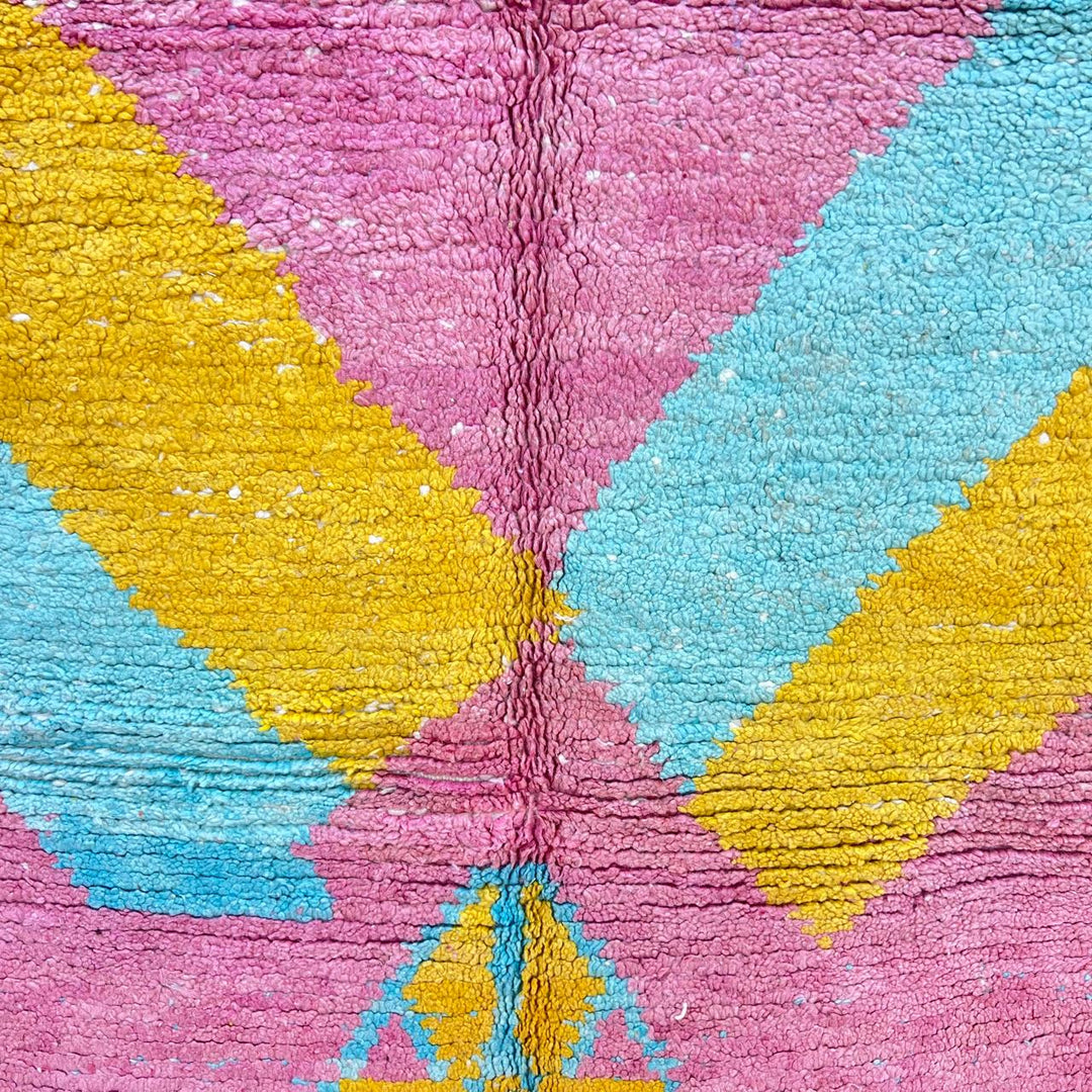 Vintage Moroccan wool rug 779 – handmade pink and yellow geometric Berber carpet with turquoise details, 325 × 167 cm (10.66 × 5.47 ft).