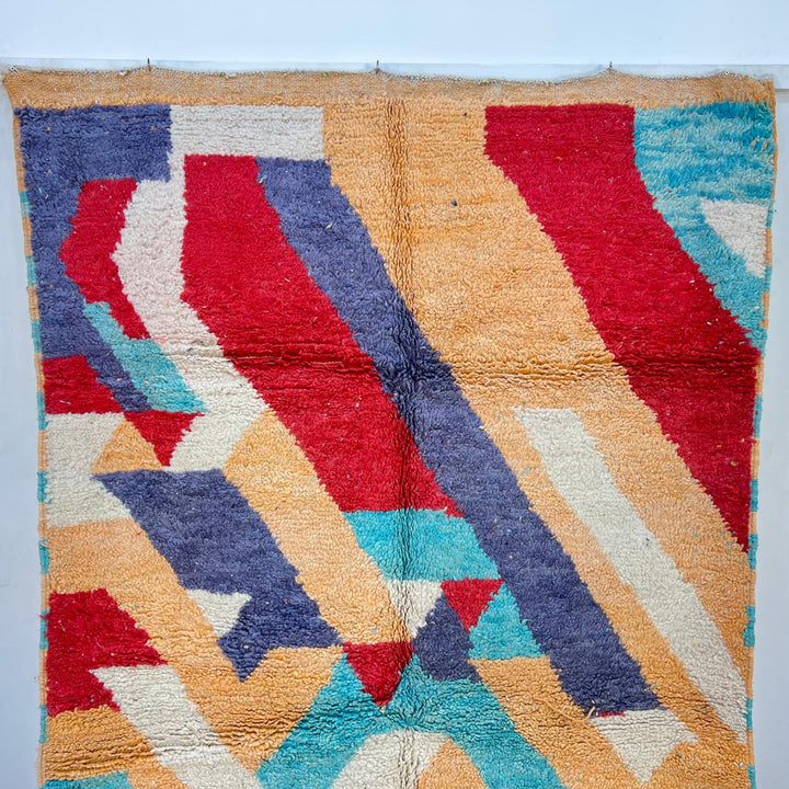 Vintage Moroccan wool rug 813 – handwoven Berber carpet featuring orange, red, turquoise and cream abstract patterns, 264 × 148 cm (8.66 × 4.85 ft).
