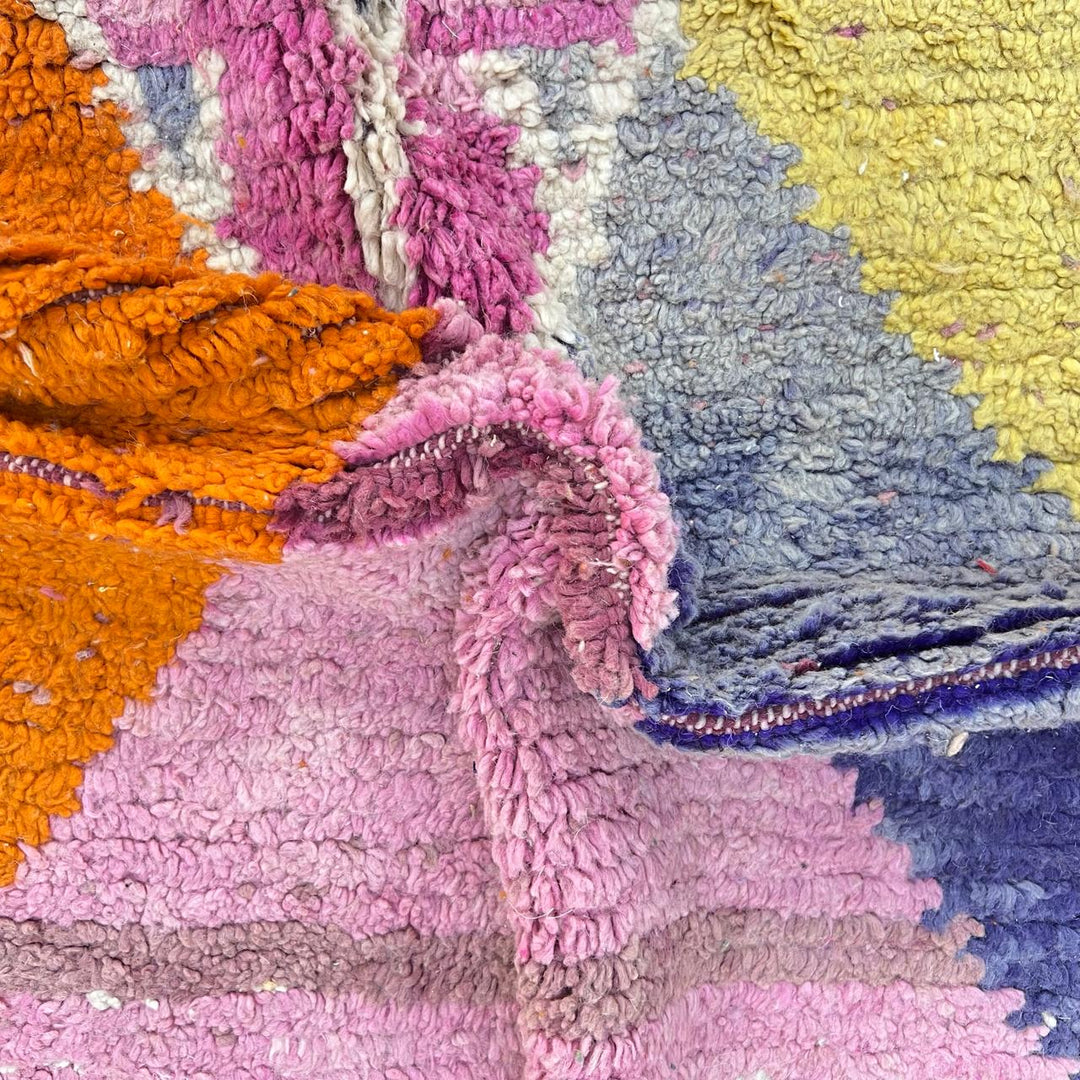 Vintage Moroccan wool rug 807 – handmade pink and orange Berber carpet with abstract geometric patterns 233 × 172 cm (7.64 × 5.64 ft