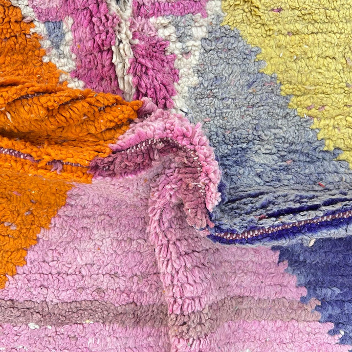 Vintage Moroccan wool rug 807 – handmade pink and orange Berber carpet with abstract geometric patterns 233 × 172 cm (7.64 × 5.64 ft