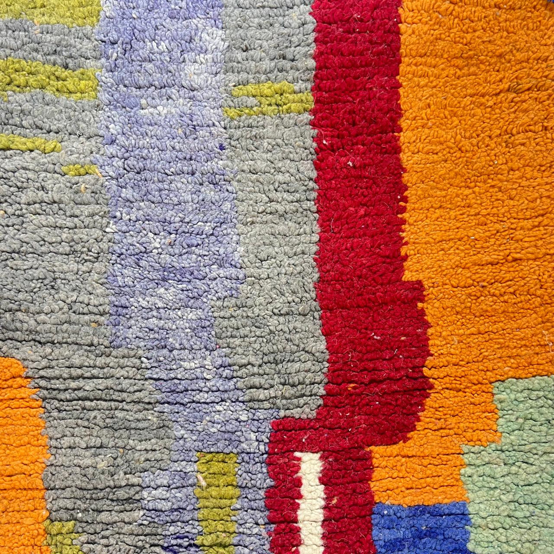 Vintage Moroccan wool runner 814 – handmade colorful Berber rug with abstract patchwork pattern in orange, pink, blue, and green, 409 × 80 cm (13.42 × 2.62 ft).