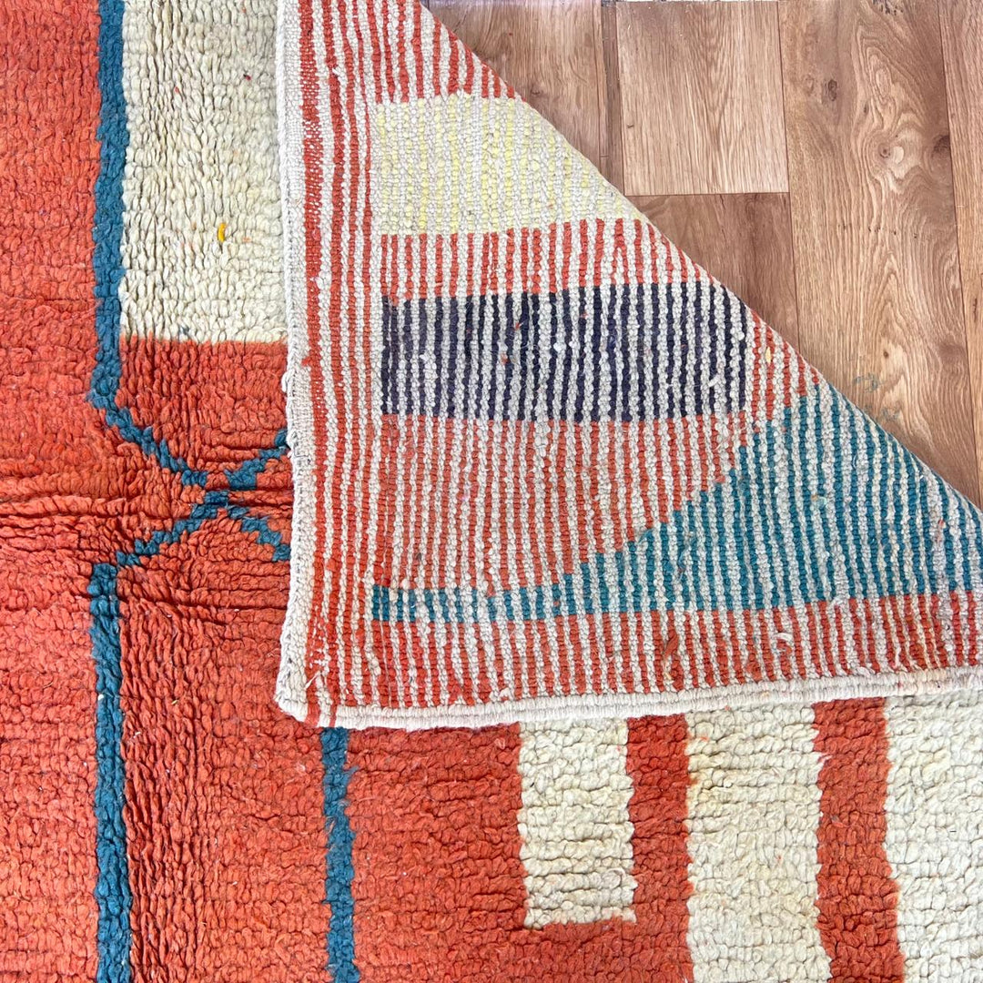 Vintage Moroccan wool rug 746 – handmade terracotta red and aqua blue geometric Berber wool carpet 244 × 160 cm (8.01 × 5.24 ft).