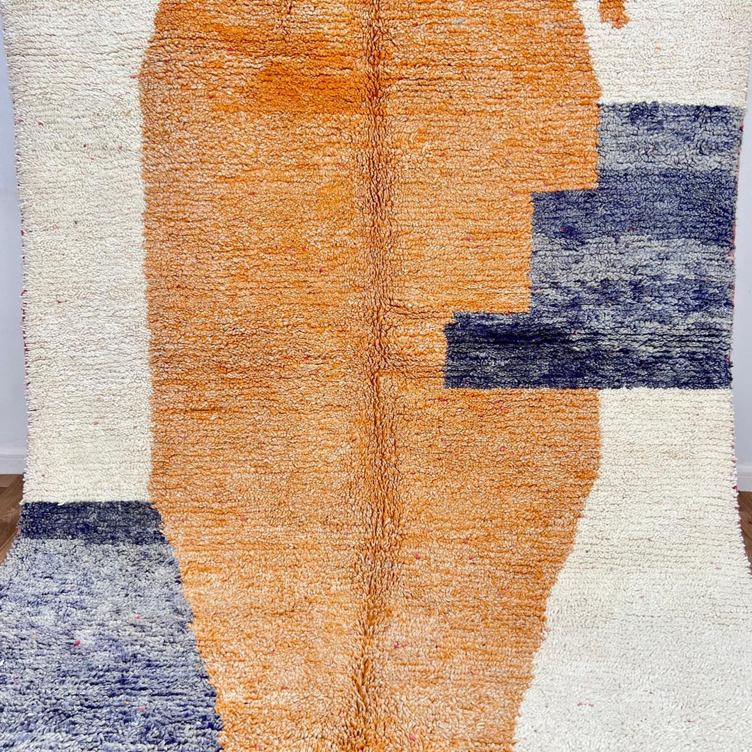 Vintage Moroccan wool rug 923 – handmade abstract orange and cream geometric Berber carpet with gray accents, 302 × 196 cm (9.9 × 6.4 ft).