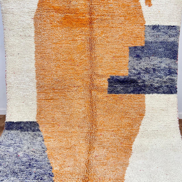 Vintage Moroccan wool rug 923 – handmade abstract orange and cream geometric Berber carpet with gray accents, 302 × 196 cm (9.9 × 6.4 ft).